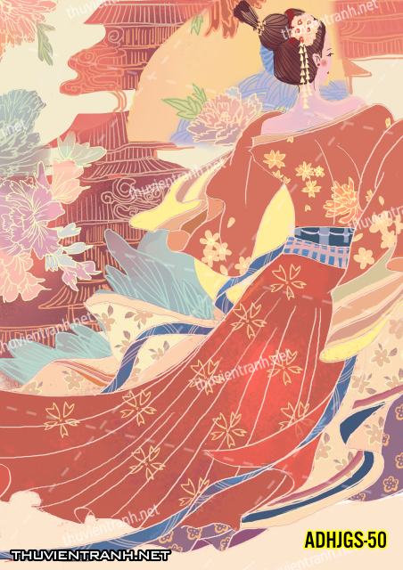 Tranh dán tường Cô gái  Nhật Bản mặc kimono, tranh minh họa cô gái Nhật Bản xưa -ADHJGS-50 - Tranh tường chất lượng cao